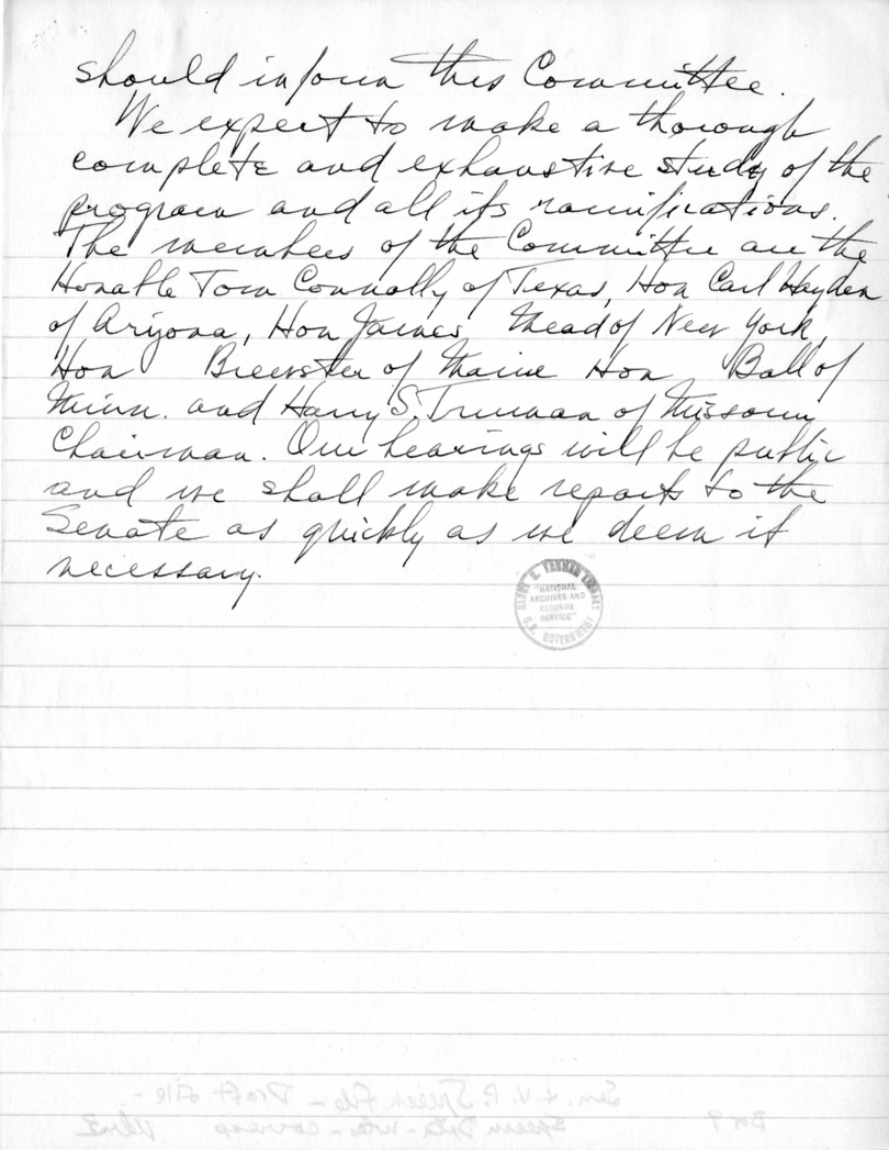 Handwritten Draft Speech of Senator Harry S. Truman