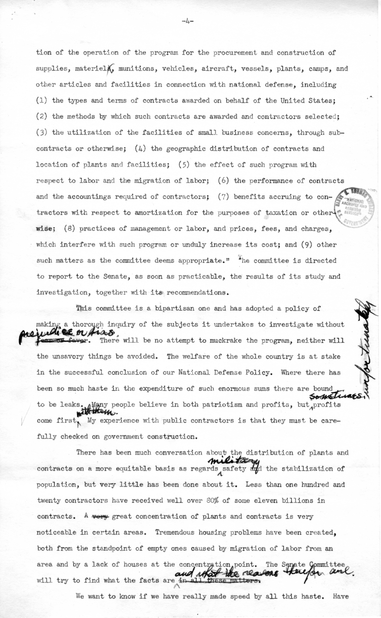 Draft Radio Speech of Senator Harry S. Truman