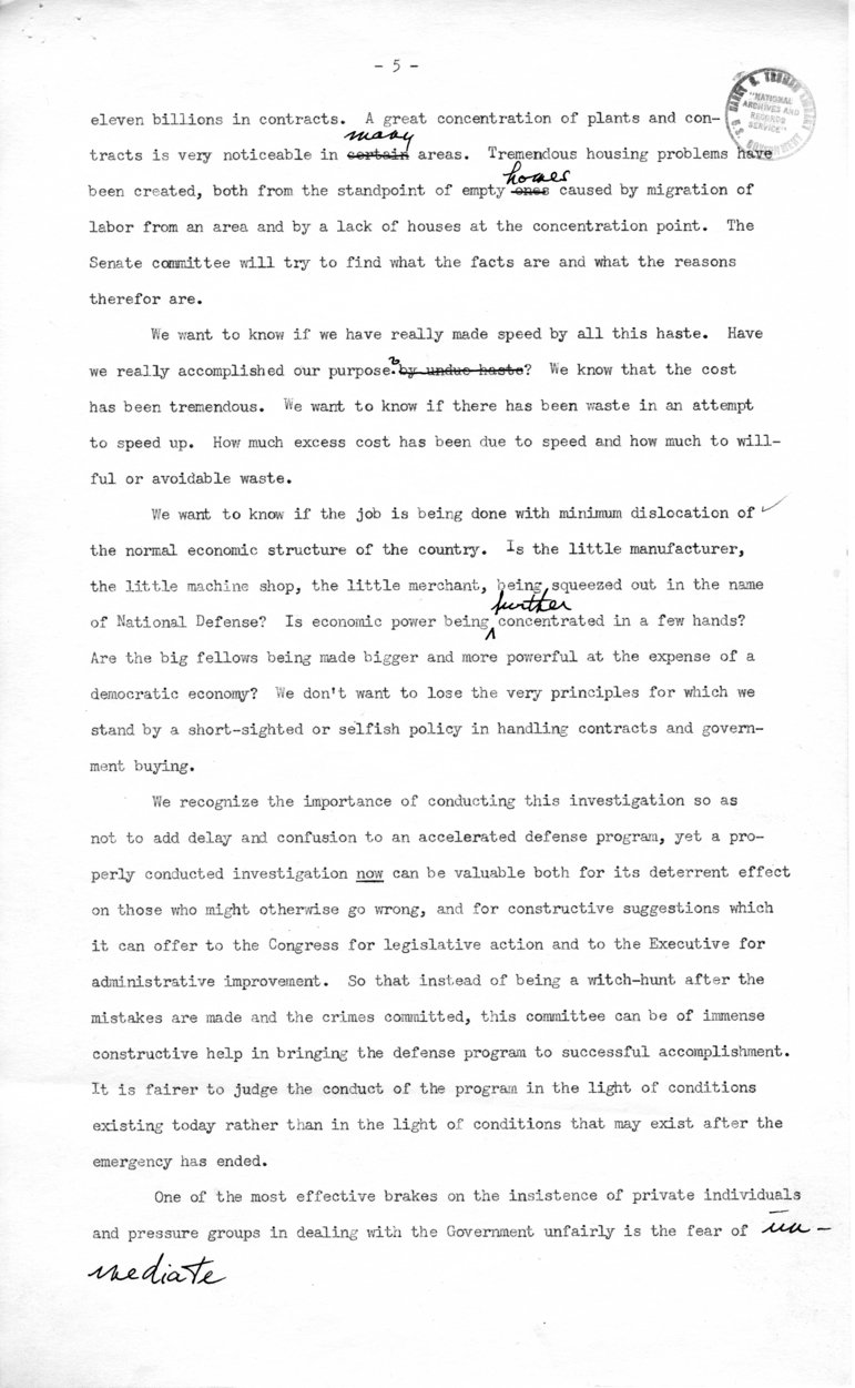 Draft of Radio Speech of Senator Harry S. Truman