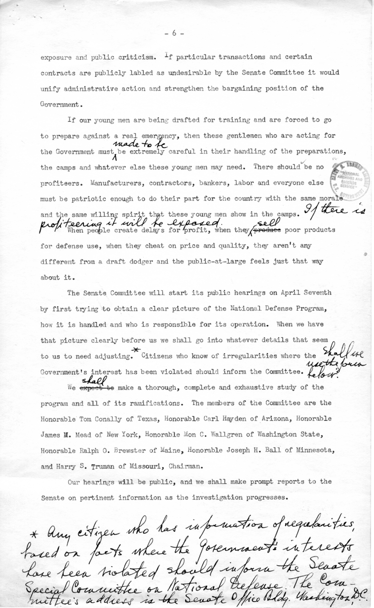 Draft of Radio Speech of Senator Harry S. Truman