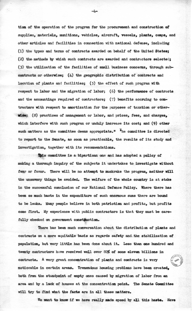 Draft Radio Speech of Senator Harry S. Truman