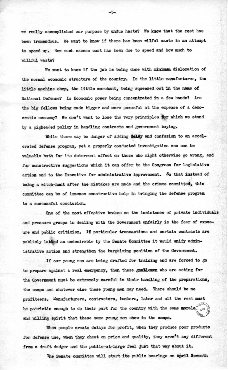 Draft Radio Speech of Senator Harry S. Truman