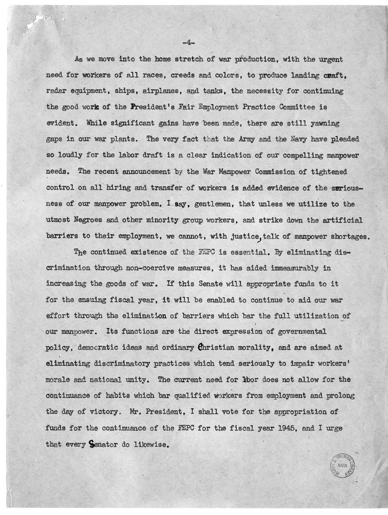 Speech of Senator Harry S. Truman Before the Senate