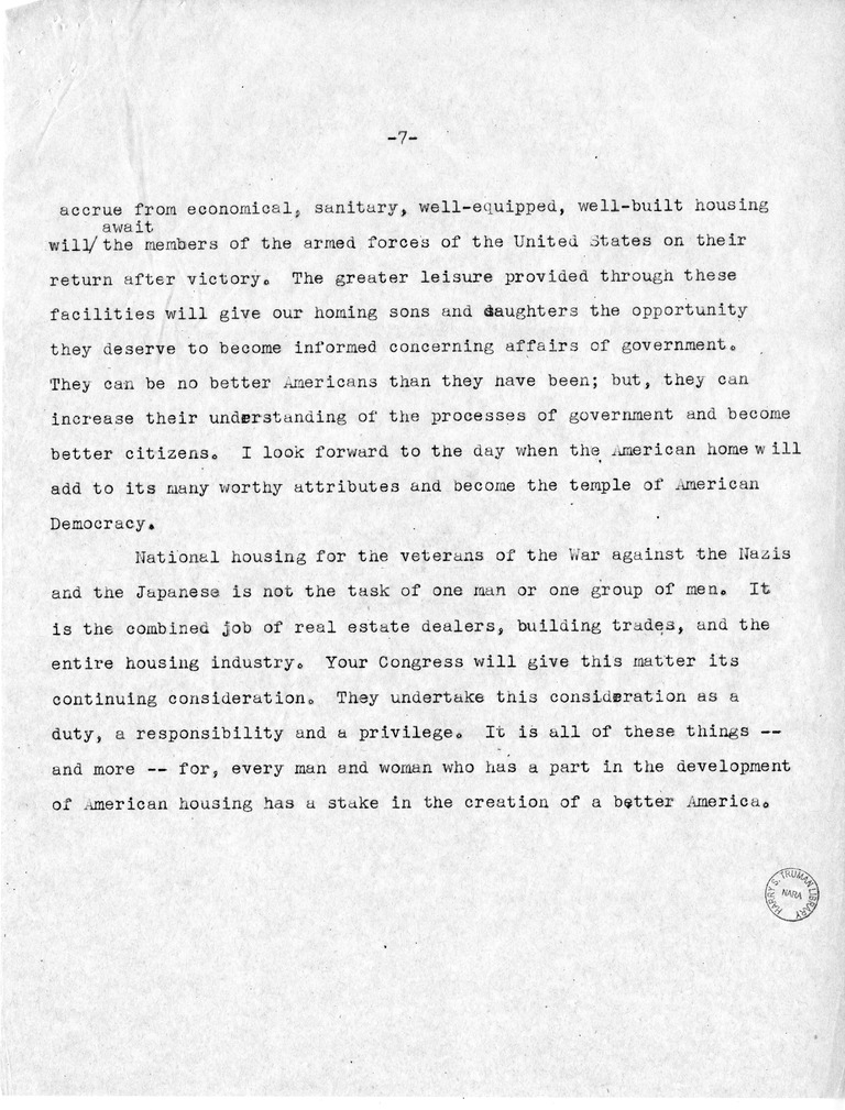 Speech of Senator Harry S. Truman