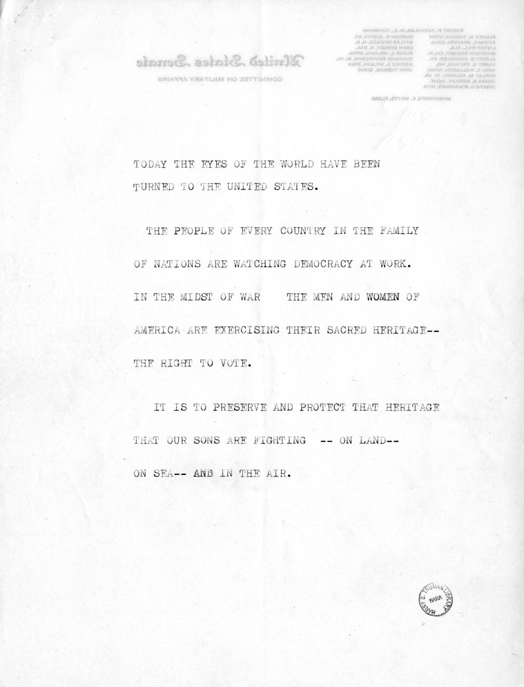 Reading Copy of Speech of Vice Presidential Candidate Harry S. Truman