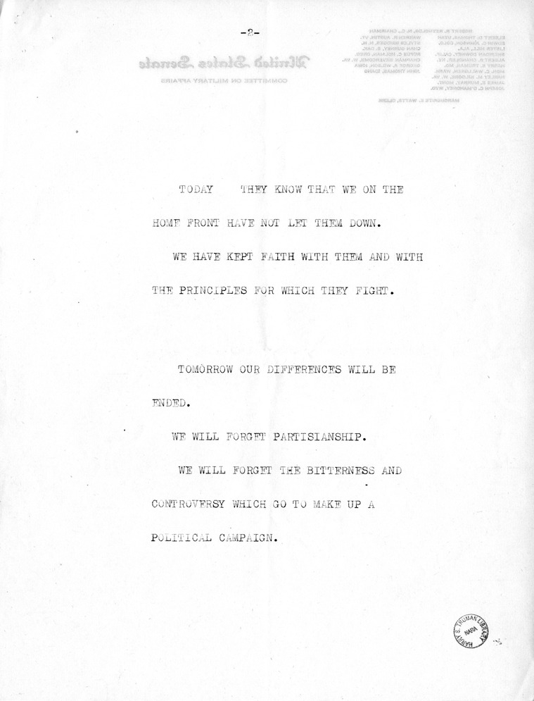 Reading Copy of Speech of Vice Presidential Candidate Harry S. Truman