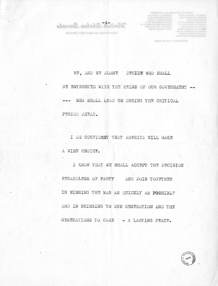 Reading Copy of Speech of Vice Presidential Candidate Harry S. Truman