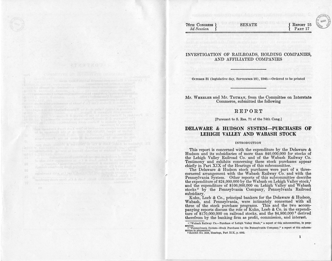 Additional Report of the Committee on Interstate Commerce Pursuant to S. Res. 71 (74th Congress) - Delaware & Hudson System-Purchases of Lehigh Valley and Wabash Stocks