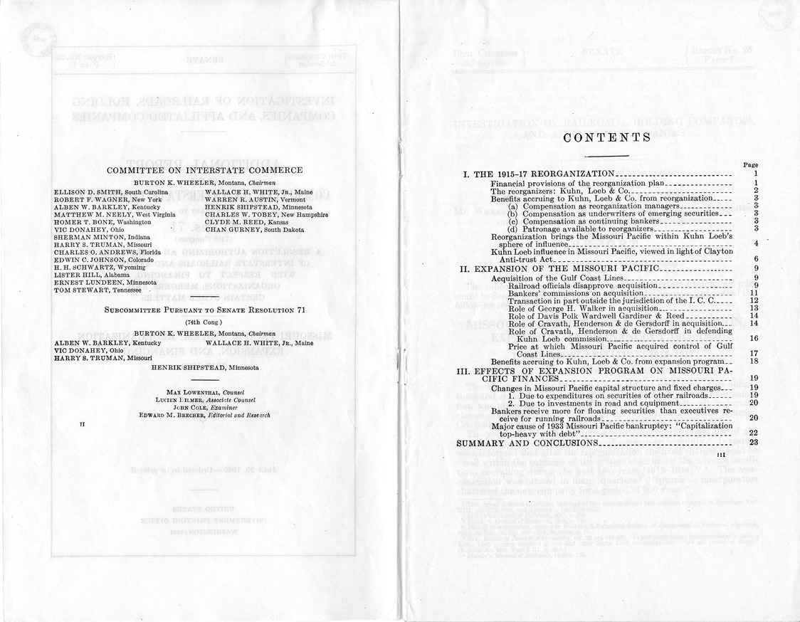 Additional Report of the Committee on Interstate Commerce - Missouri Pacific System: Reorganization, Expansion, and Financing, 1915-1930