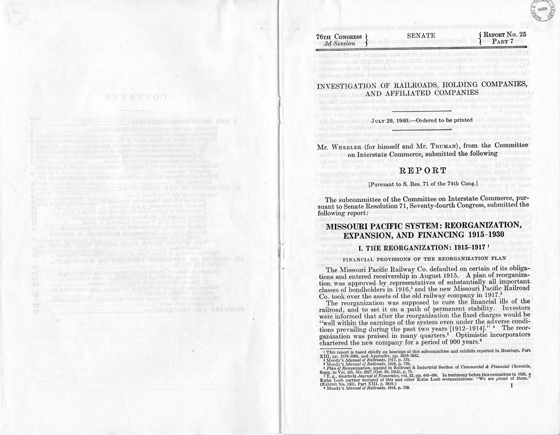Additional Report of the Committee on Interstate Commerce - Missouri Pacific System: Reorganization, Expansion, and Financing, 1915-1930