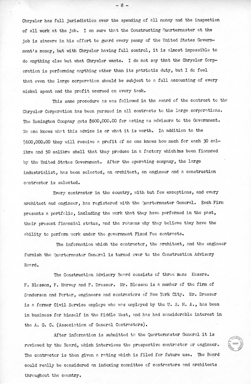 Speech of Senator Harry S. Truman in the U.S. Senate
