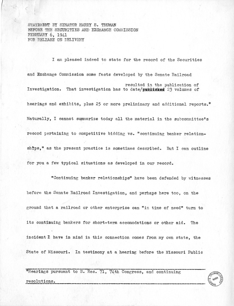 Draft of Statement of Senator Harry S. Truman Before the Securities and Exchange Commission