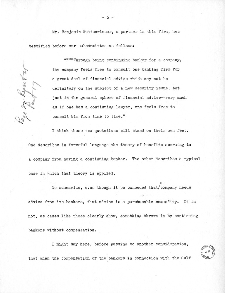 Draft of Statement of Senator Harry S. Truman Before the Securities and Exchange Commission