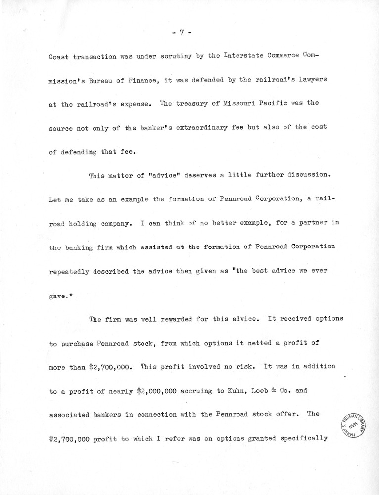 Draft of Statement of Senator Harry S. Truman Before the Securities and Exchange Commission