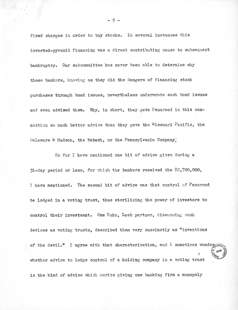 Draft of Statement of Senator Harry S. Truman Before the Securities and Exchange Commission
