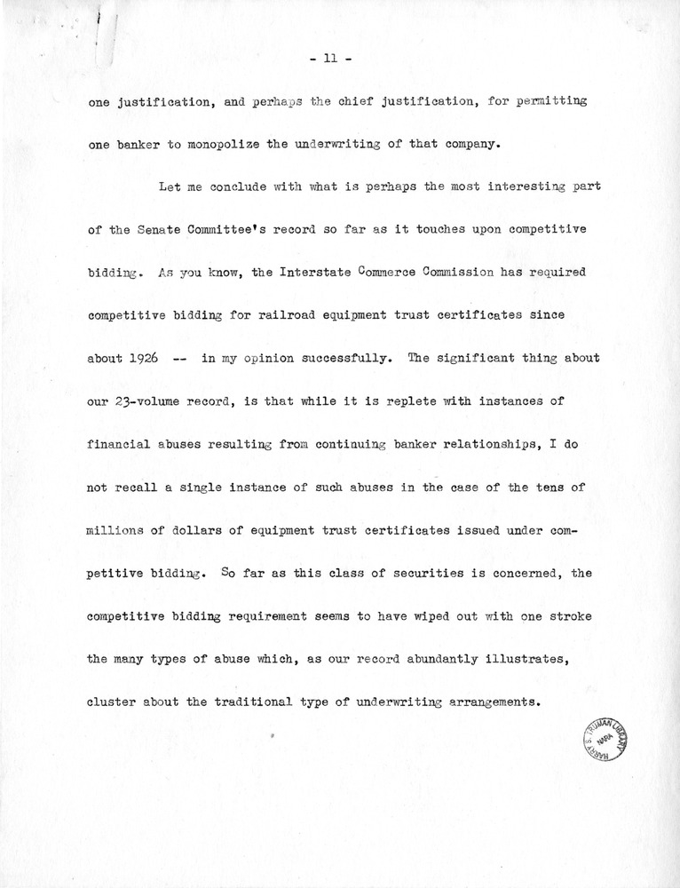 Draft of Statement of Senator Harry S. Truman Before the Securities and Exchange Commission
