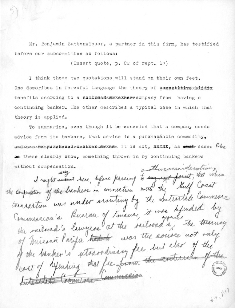 Draft Statement of Senator Harry S. Truman Before the Securities and Exchange Commission