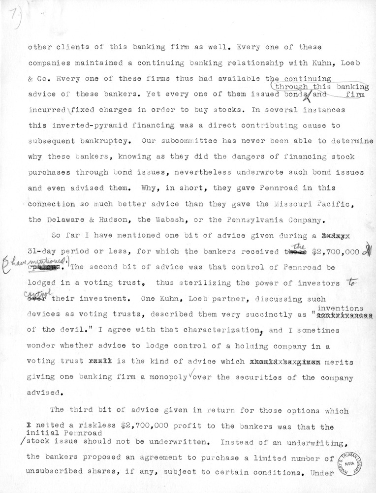 Draft Statement of Senator Harry S. Truman Before the Securities and Exchange Commission
