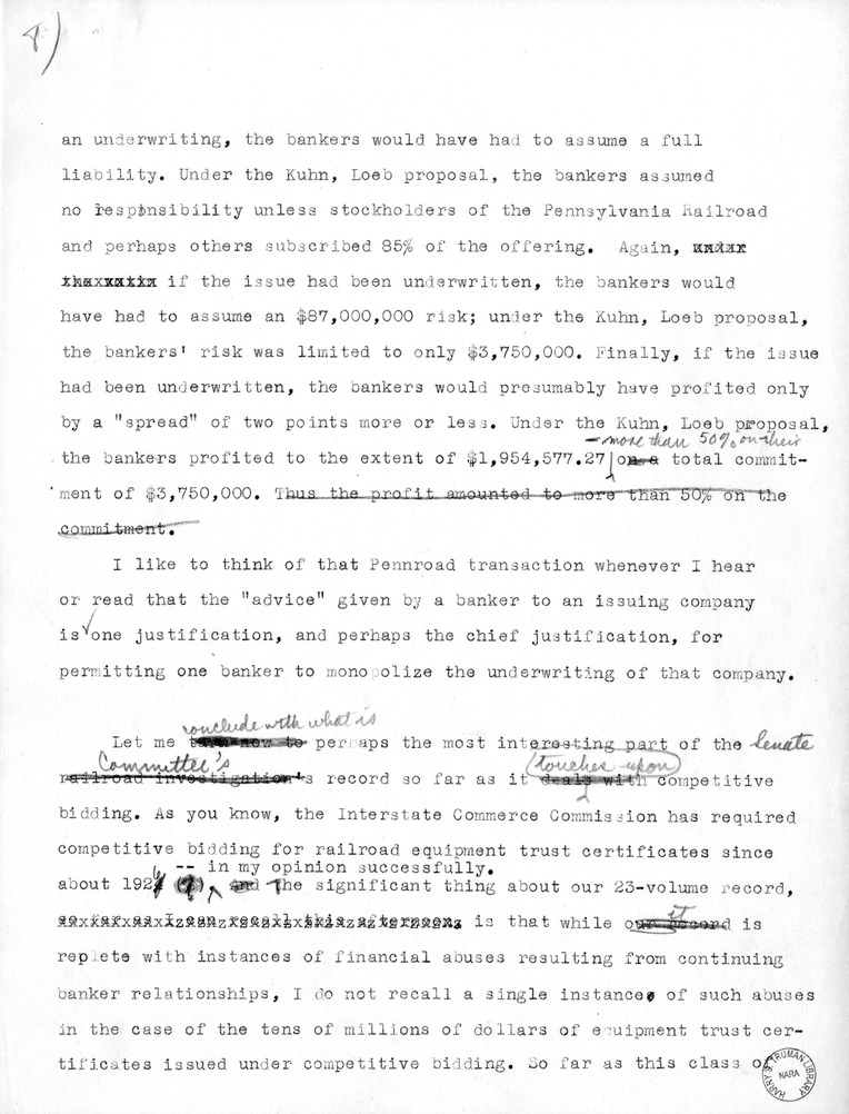 Draft Statement of Senator Harry S. Truman Before the Securities and Exchange Commission
