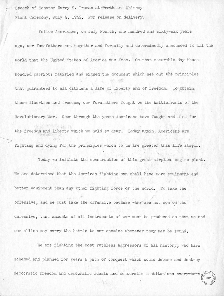 Speech of Senator Harry S. Truman at Pratt and Whitney Plant Ceremony