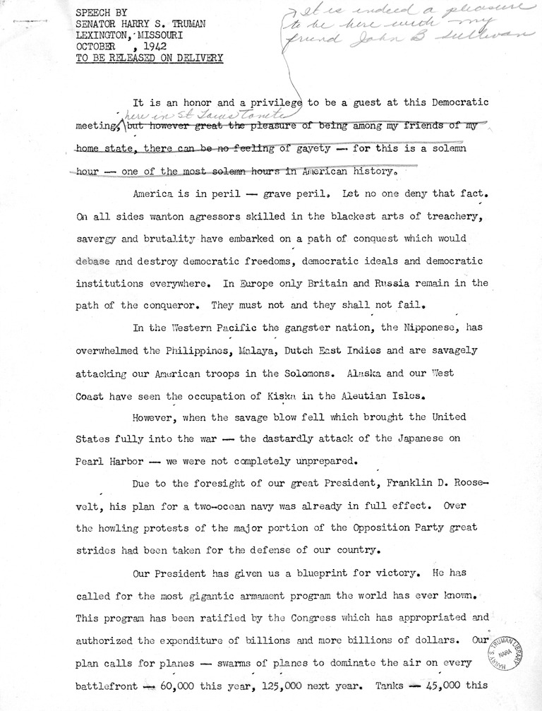 Speech of Senator Harry S. Truman at Lexington, Missouri