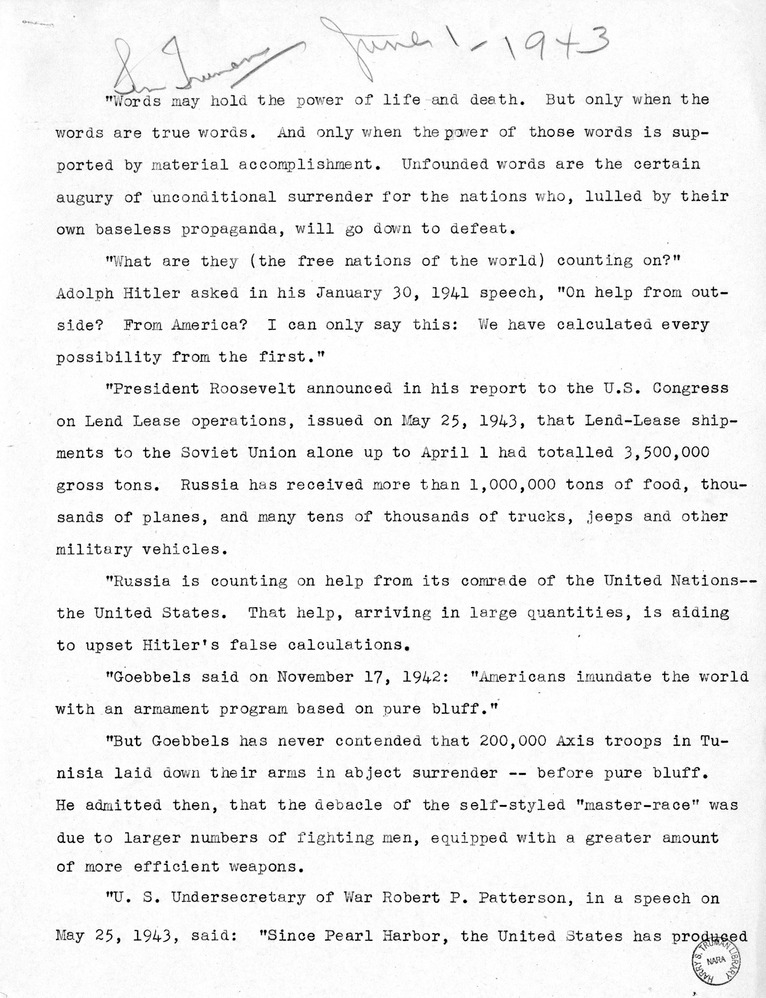 Comments by Senator Harry S. Truman