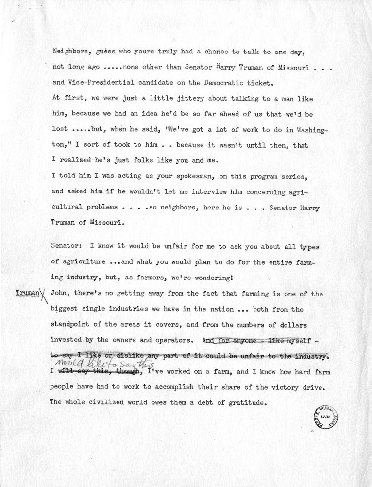 Transcript of Radio Show with Vice Presidential Candidate Harry S. Truman and John Merrifield