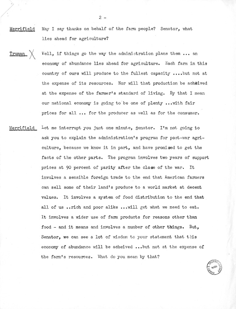 Transcript of Radio Show with Vice Presidential Candidate Harry S. Truman and John Merrifield