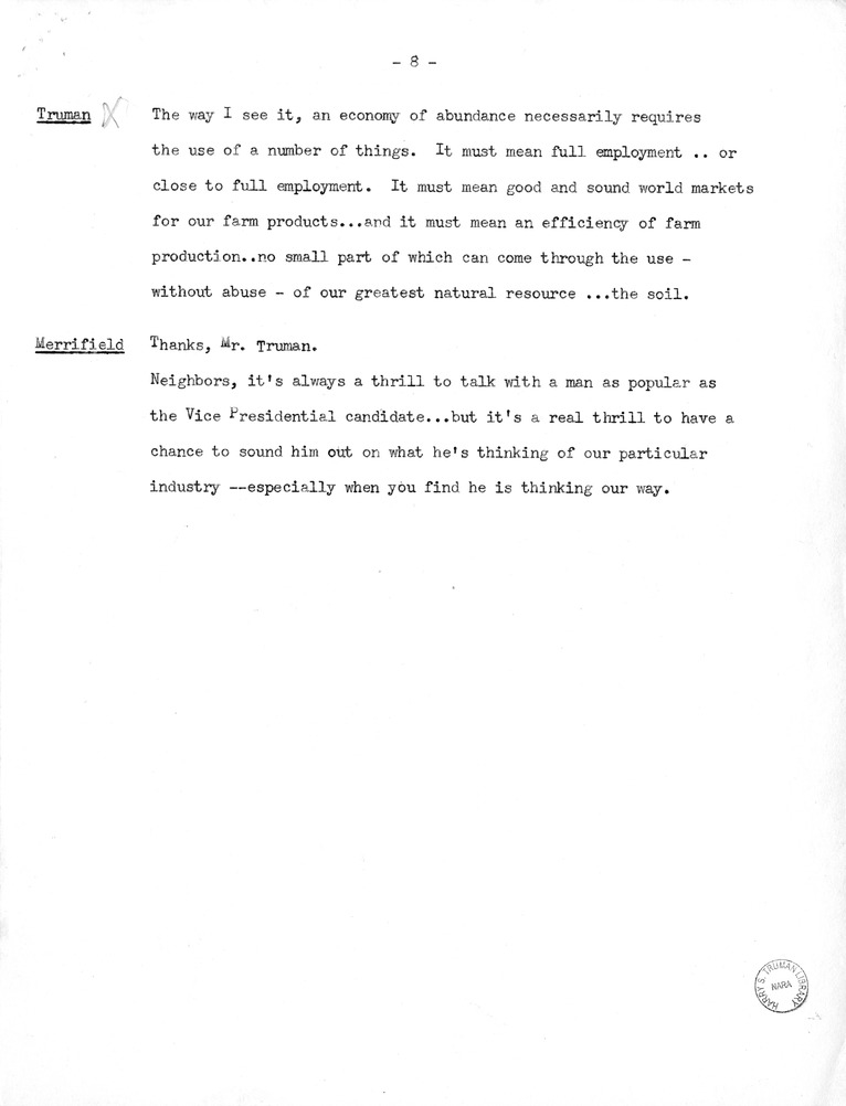 Transcript of Radio Show with Vice Presidential Candidate Harry S. Truman and John Merrifield