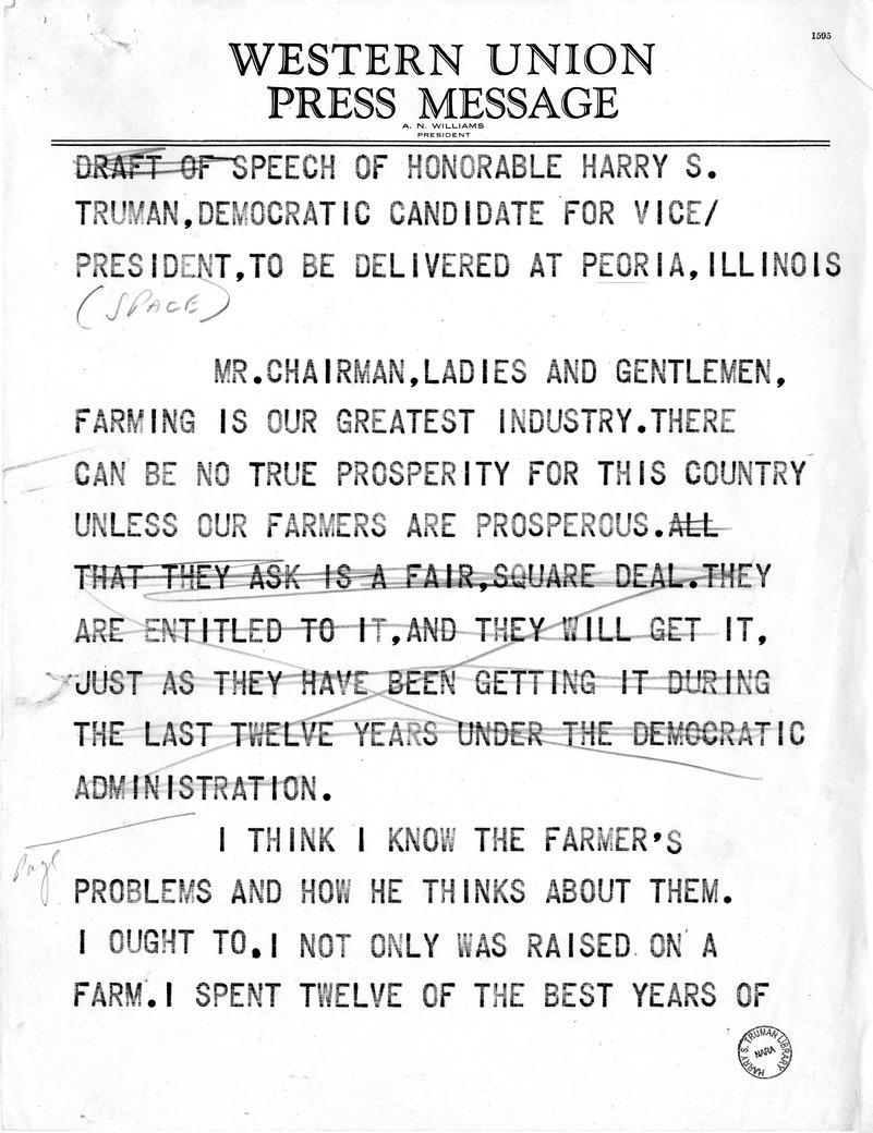 Draft Speech of Senator Harry S. Truman at Peoria, Illinois