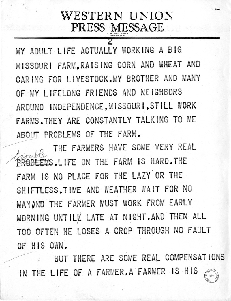 Draft Speech of Senator Harry S. Truman at Peoria, Illinois