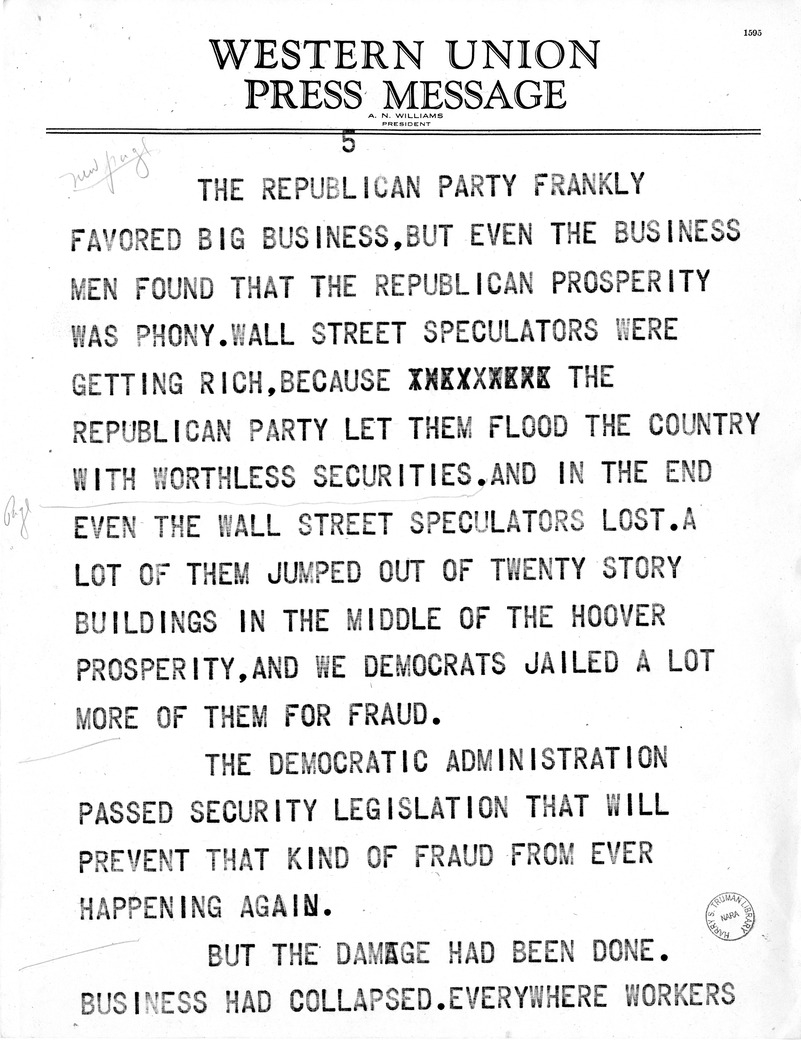 Draft Speech of Senator Harry S. Truman at Peoria, Illinois