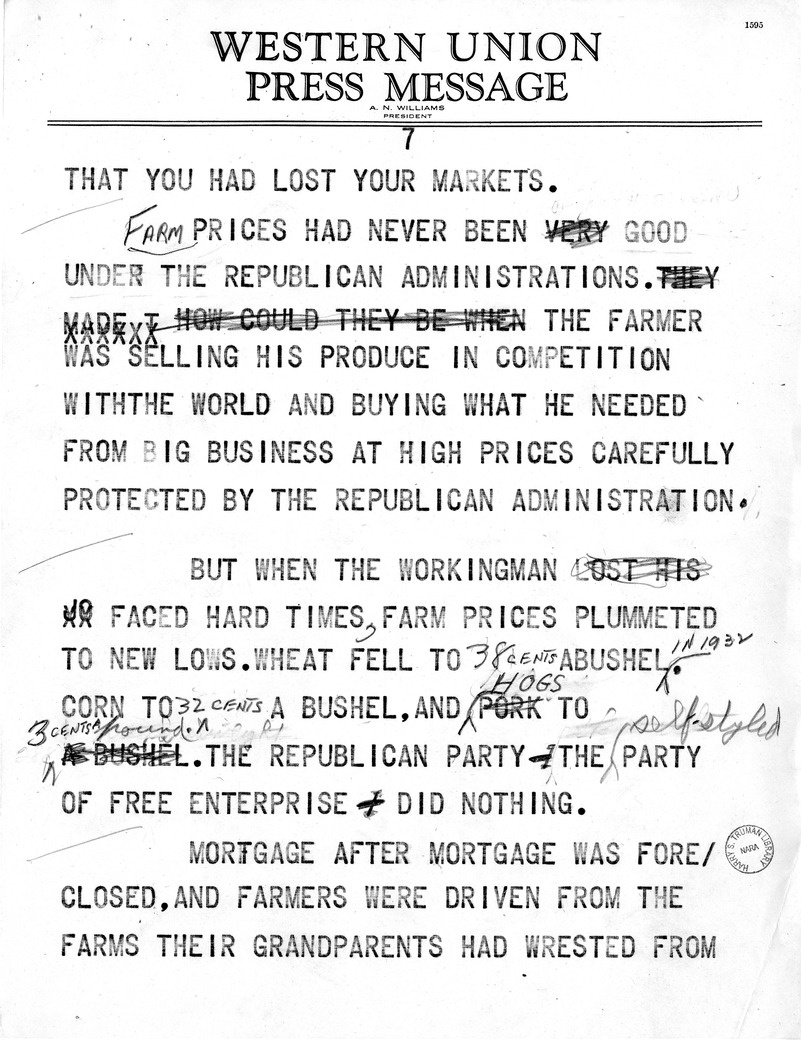 Draft Speech of Senator Harry S. Truman at Peoria, Illinois