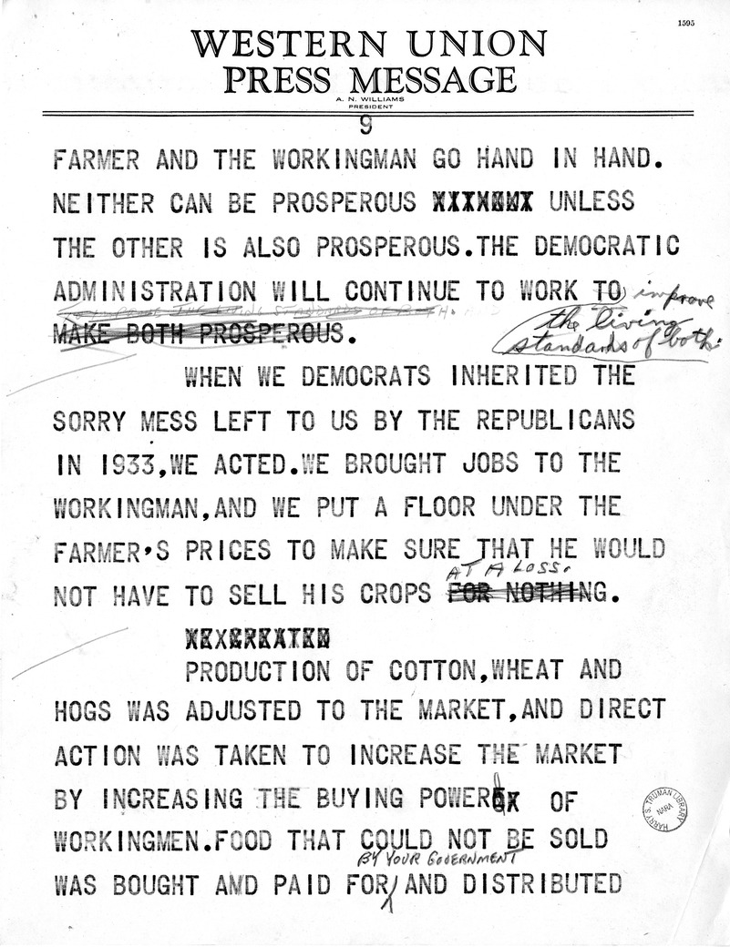 Draft Speech of Senator Harry S. Truman at Peoria, Illinois
