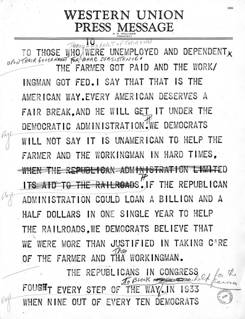 Draft Speech of Senator Harry S. Truman at Peoria, Illinois