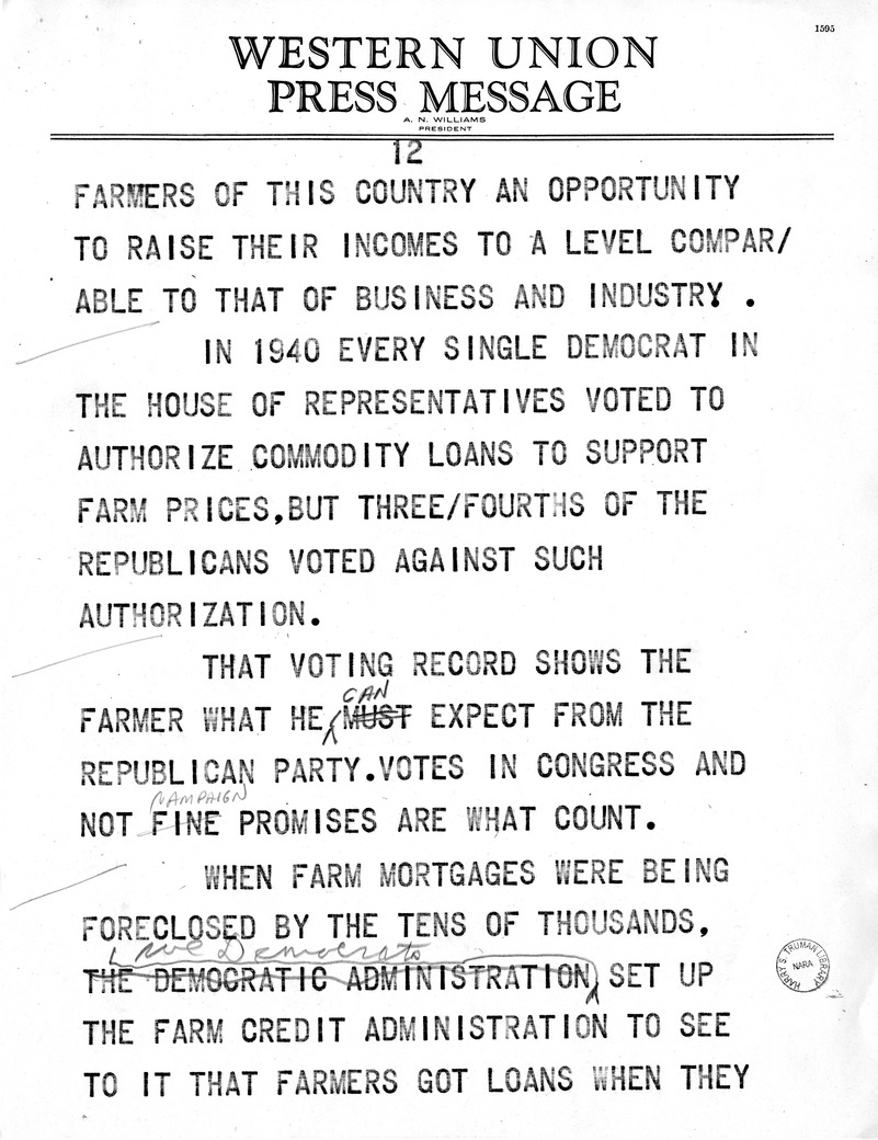 Draft Speech of Senator Harry S. Truman at Peoria, Illinois