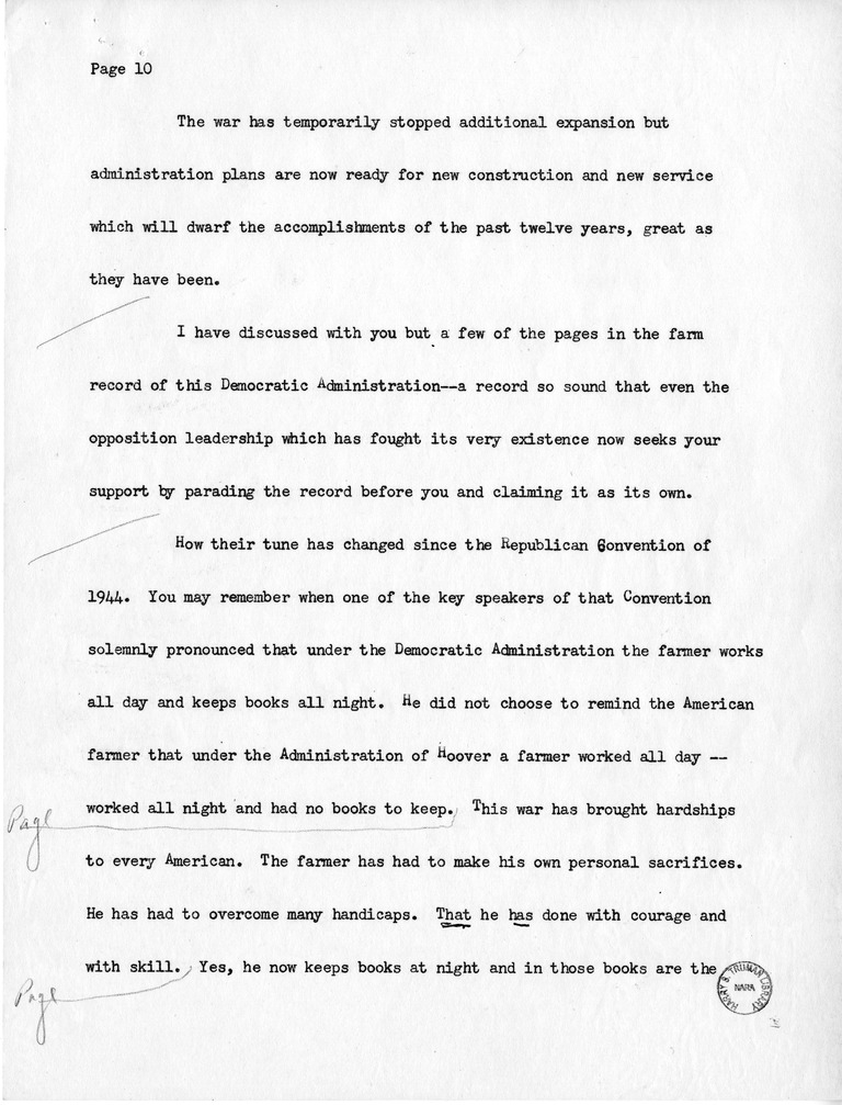 Draft Speech of Senator Harry S. Truman at Peoria, Illinois