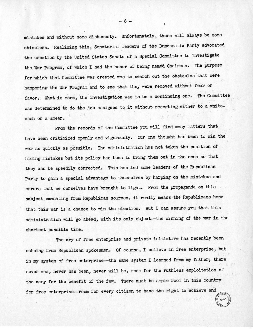 Template for Press Release of Campaign Speech of Vice Presidential Candidate Harry S. Truman