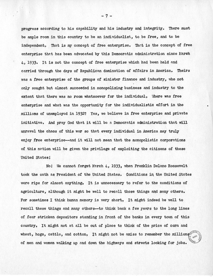 Template for Press Release of Campaign Speech of Vice Presidential Candidate Harry S. Truman