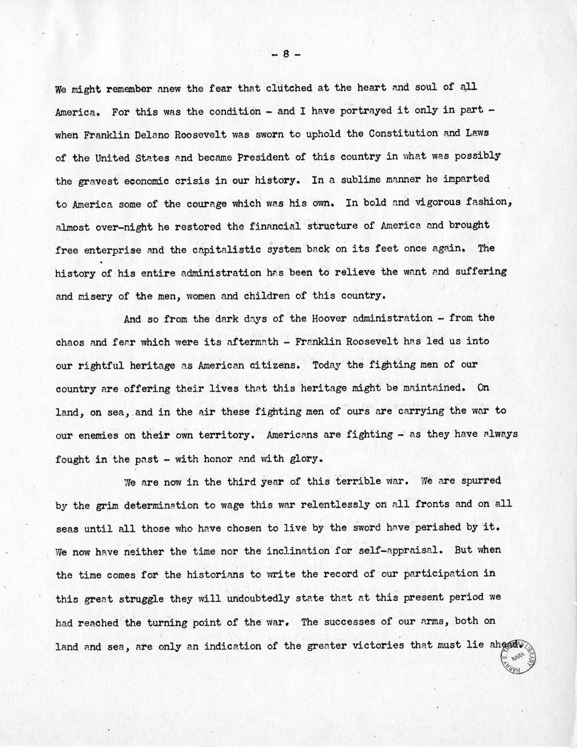 Template for Press Release of Campaign Speech of Vice Presidential Candidate Harry S. Truman