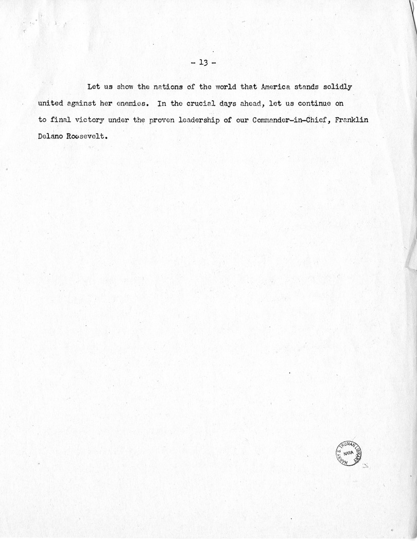 Template for Press Release of Campaign Speech of Vice Presidential Candidate Harry S. Truman