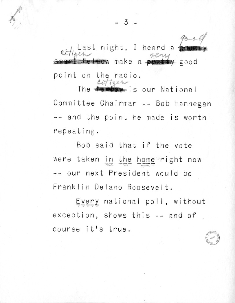 Draft of Campaign Speech of Vice Presidential Candidate Harry S. Truman