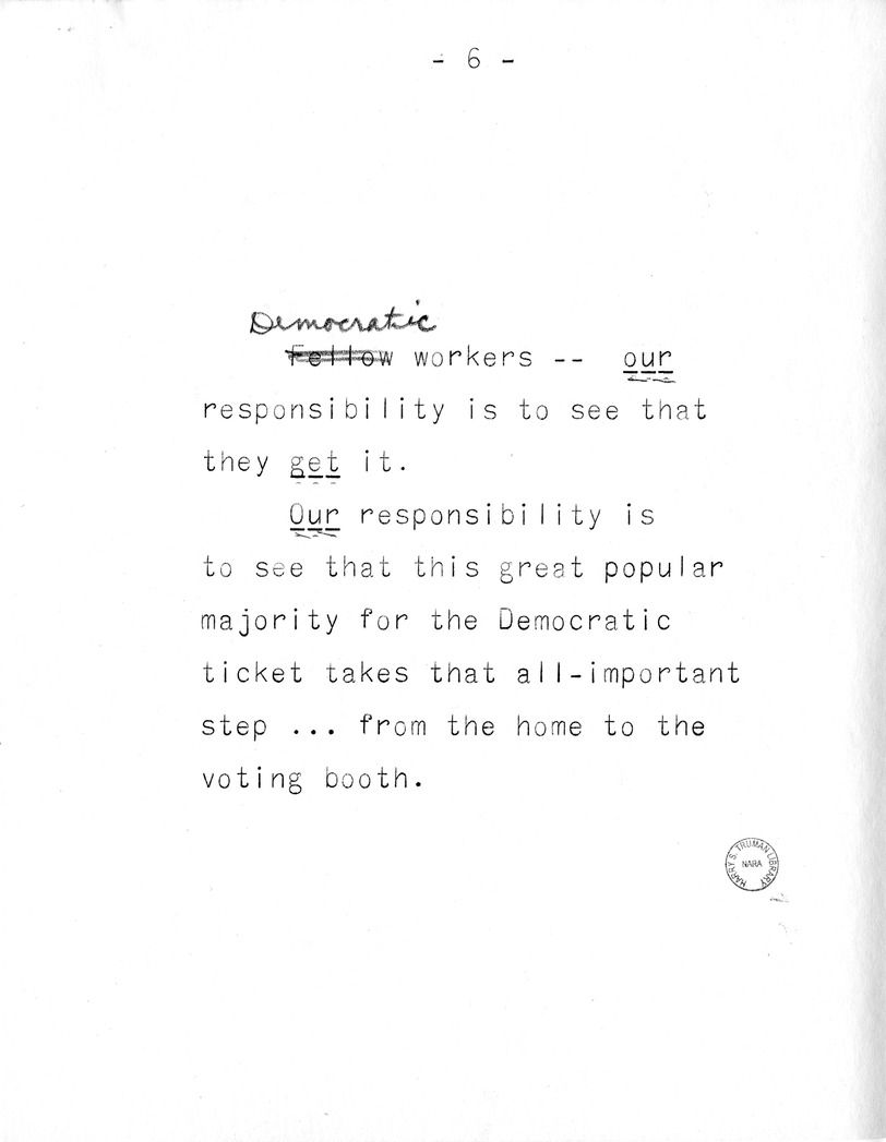 Draft of Campaign Speech of Vice Presidential Candidate Harry S. Truman