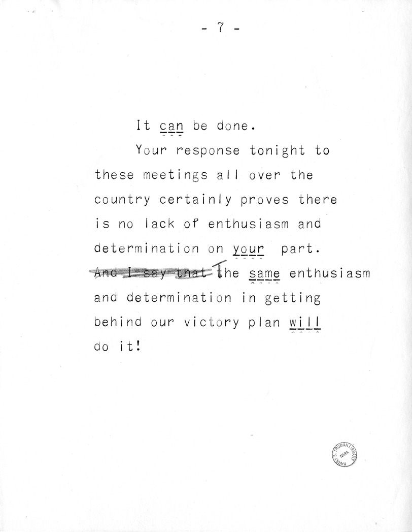 Draft of Campaign Speech of Vice Presidential Candidate Harry S. Truman