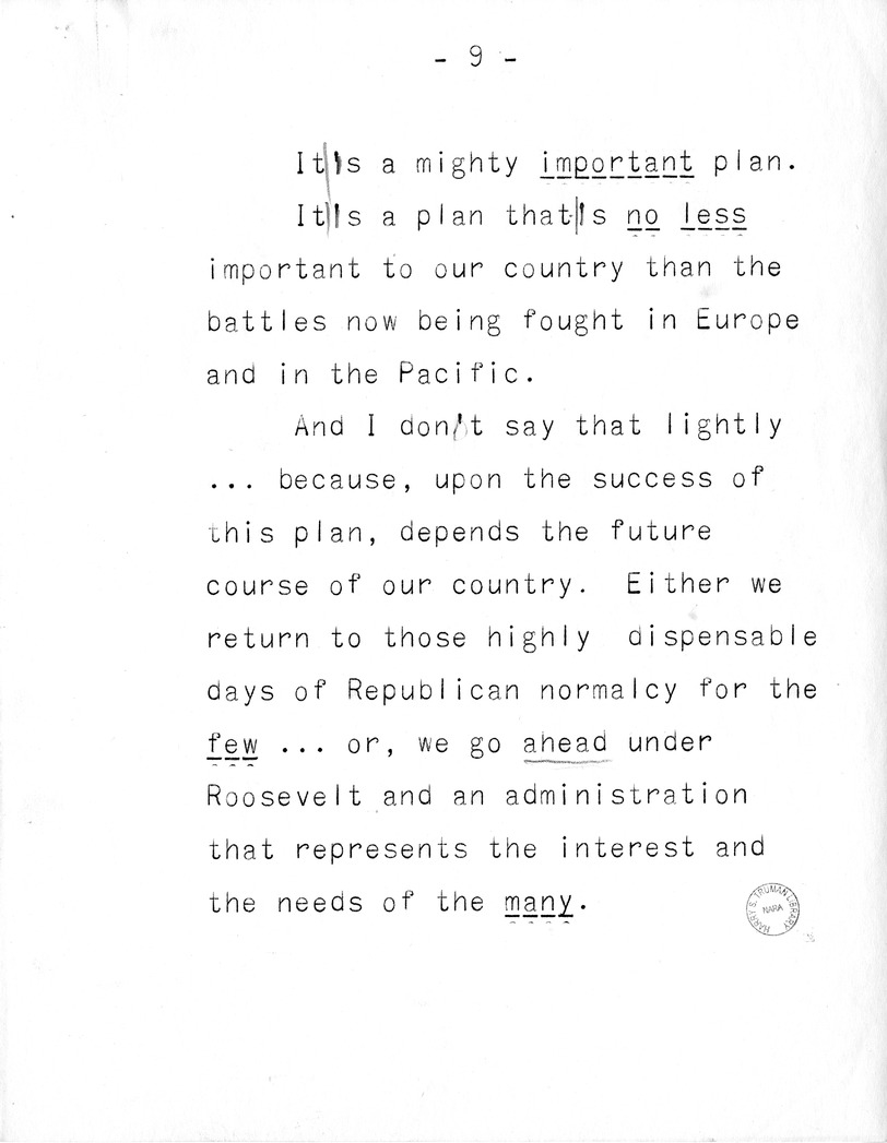 Draft of Campaign Speech of Vice Presidential Candidate Harry S. Truman