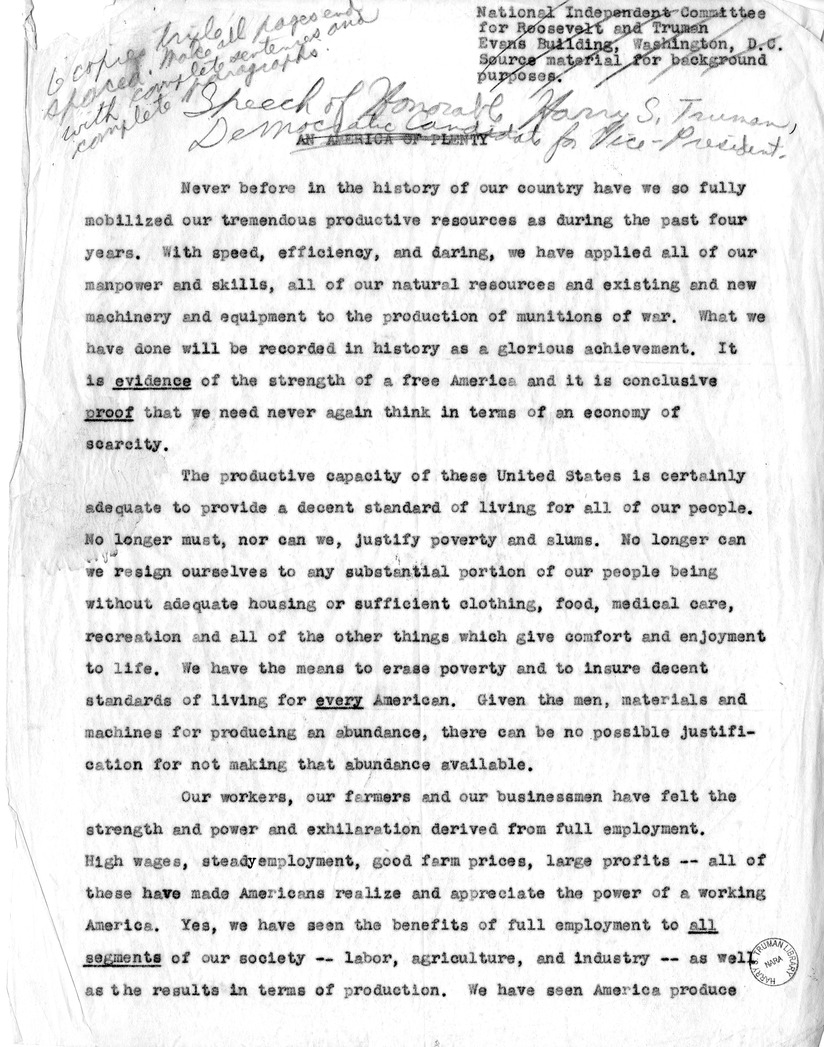Fragment of speech of Vice Presidential Candidate Harry S. Truman, "An America of Plenty"