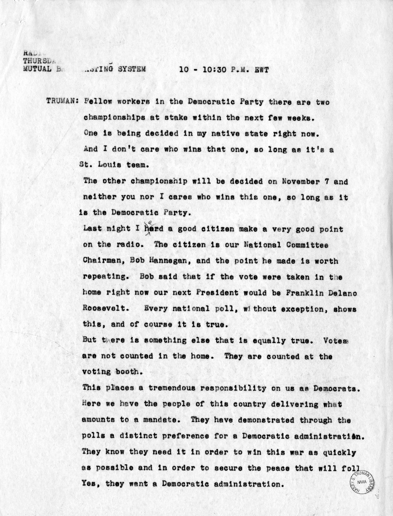 Radio Remarks of Vice Presidential Candidate Harry S. Truman