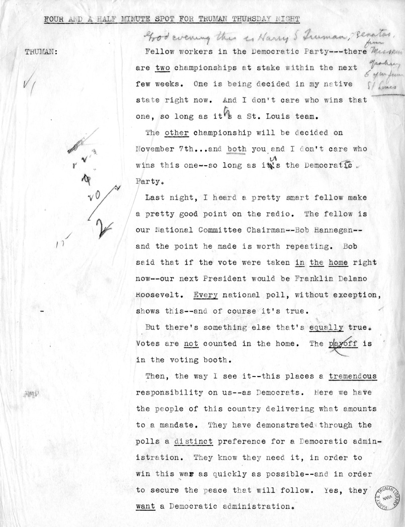 Radio Remarks of Vice Presidential Candidate Harry S. Truman