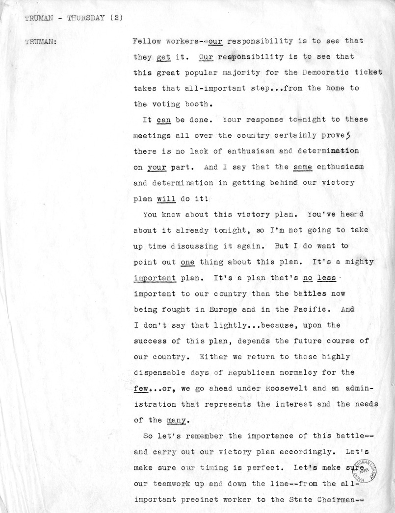 Radio Remarks of Vice Presidential Candidate Harry S. Truman