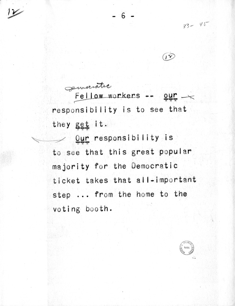Draft of Radio Remarks of Vice Presidential Candidate Harry S. Truman